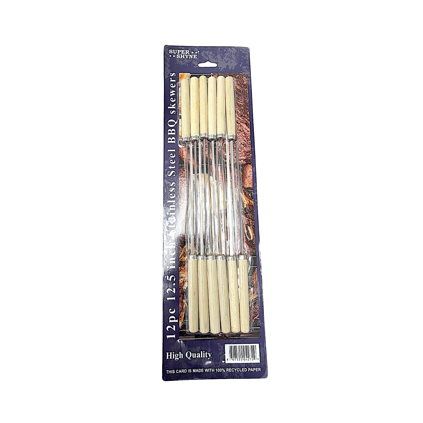 12 pc Stainless Steel BBQ Skewers, 12.5 inches with wooden handle