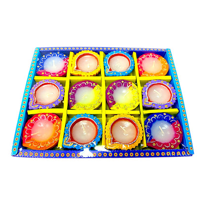 12 pc SD Diya Box with wax, colorful diyas (TPK+Morpich) (MOQ=2dz)