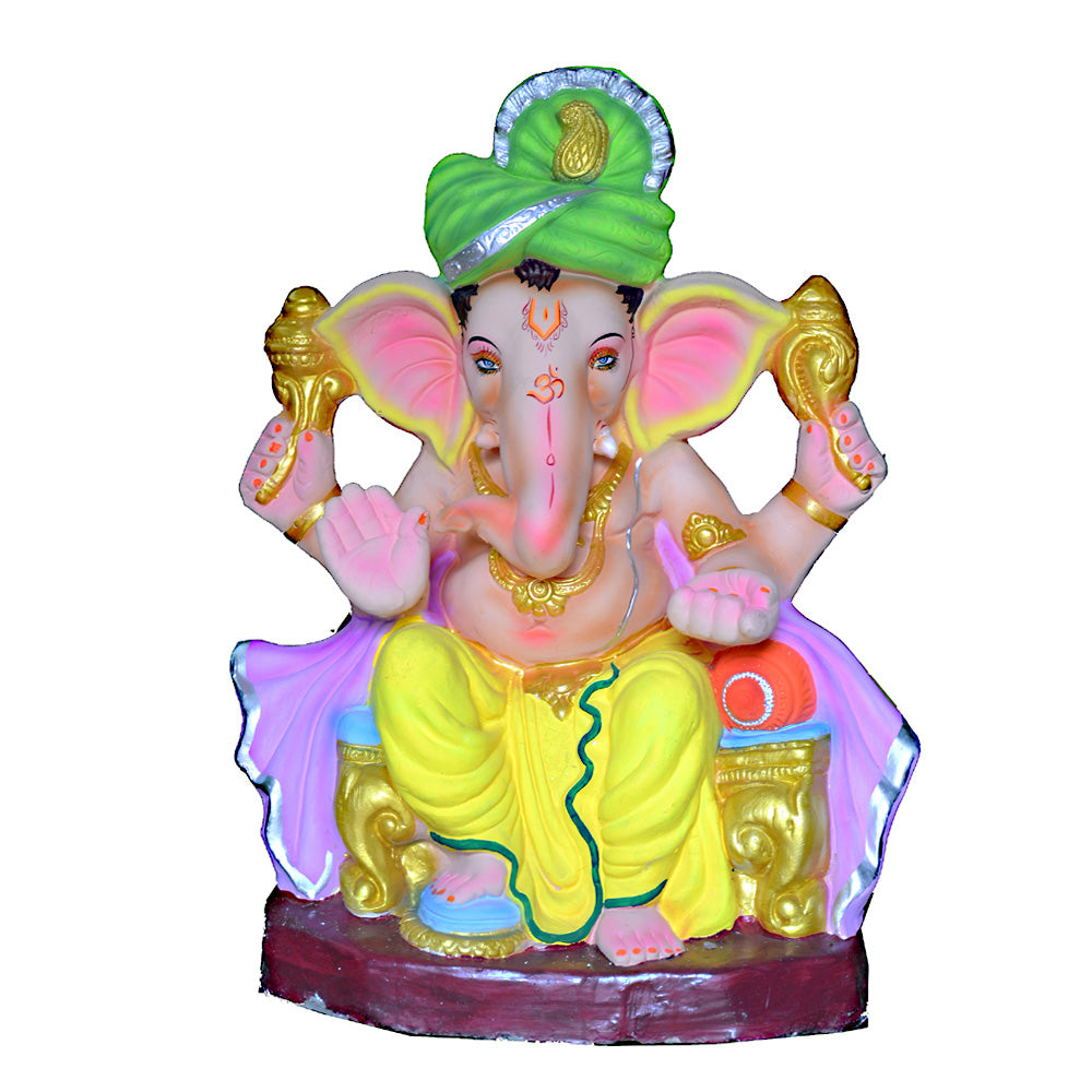 Eco-Friendly Clay Ganesha, color and gold on throne with turban 24"