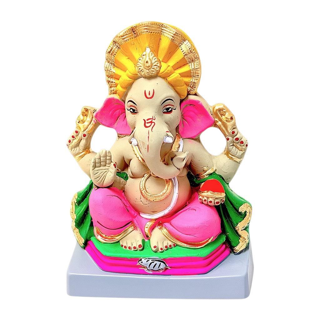 Eco-Friendly Clay Ganesha, clay, color and gold on throne 10" (MOQ=6 pcs)