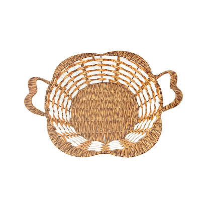Mkaurs square flower woven offwhite and brown  wicker basket with handles (MOQ=dz)