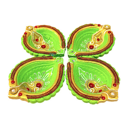 4 Pc Fancy colorful diya round (Shank)Turq, fuchia, red grn