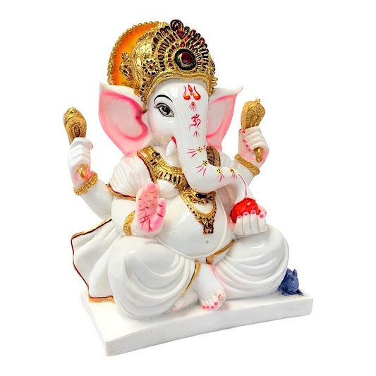 Lord Ganesha with Laddoo, white and gold, marble dust 12" (MOQ=ea)