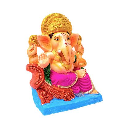 Eco-Friendly Clay Ganesha, color and gold on throne 10" (MOQ=6 pcs)