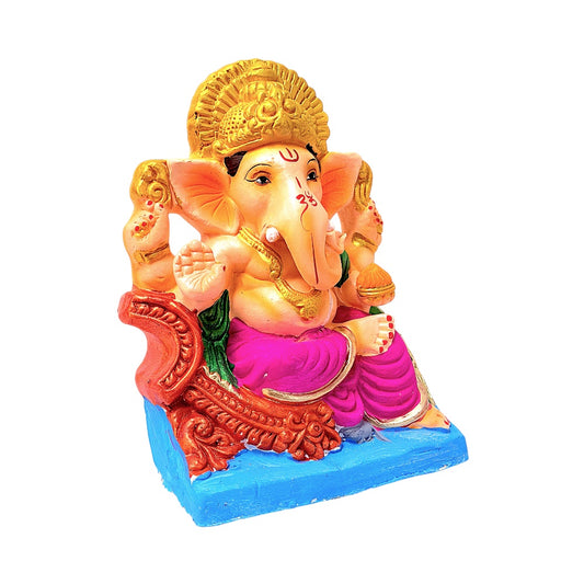 Eco-Friendly Clay Ganesha, color and gold on throne 10" (MOQ=6 pcs)