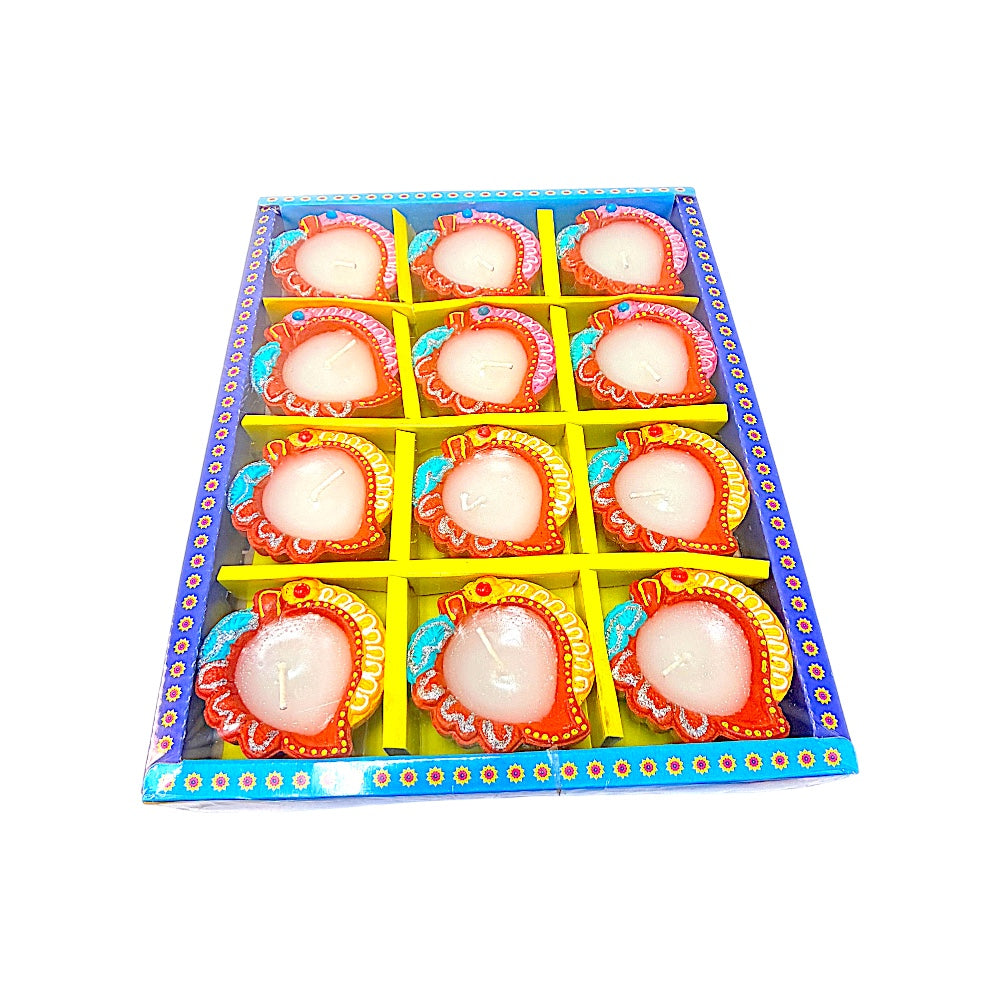 12 pc SD Diya Box with wax (PAAN), colorful diyas (MOQ=2dz)