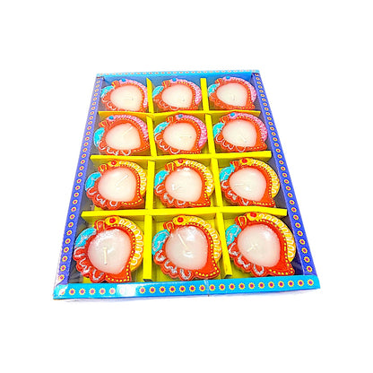 12 pc SD Diya Box with wax (PAAN), colorful diyas (MOQ=2dz)