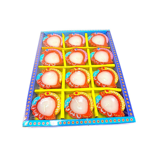 12 pc SD Diya Box with wax (PAAN), colorful diyas (MOQ=2dz)