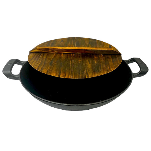 Cast Iron wok (heavy) with wooden lid  (MOQ=ea)