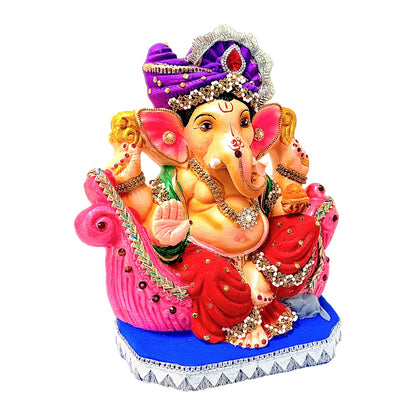 Eco-Friendly Clay Ganesha, color and gold with turban on throne 10" (MOQ=6 pcs)