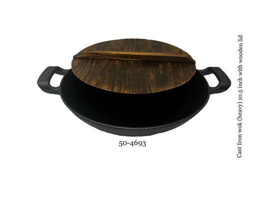Cast Iron wok (Heavy) 10.5inch with wooden lid  (MOQ=ea)