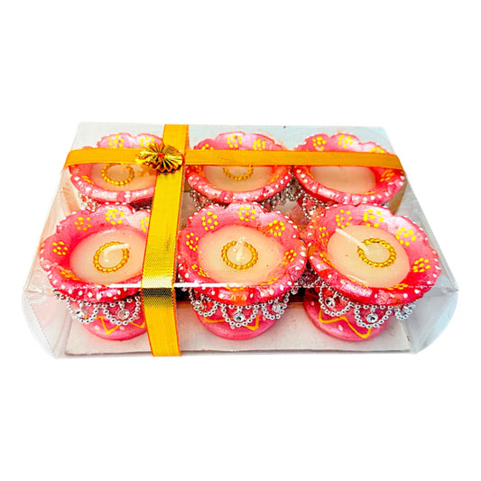 Diya with stand hand painted with decorations and wax (6pk)