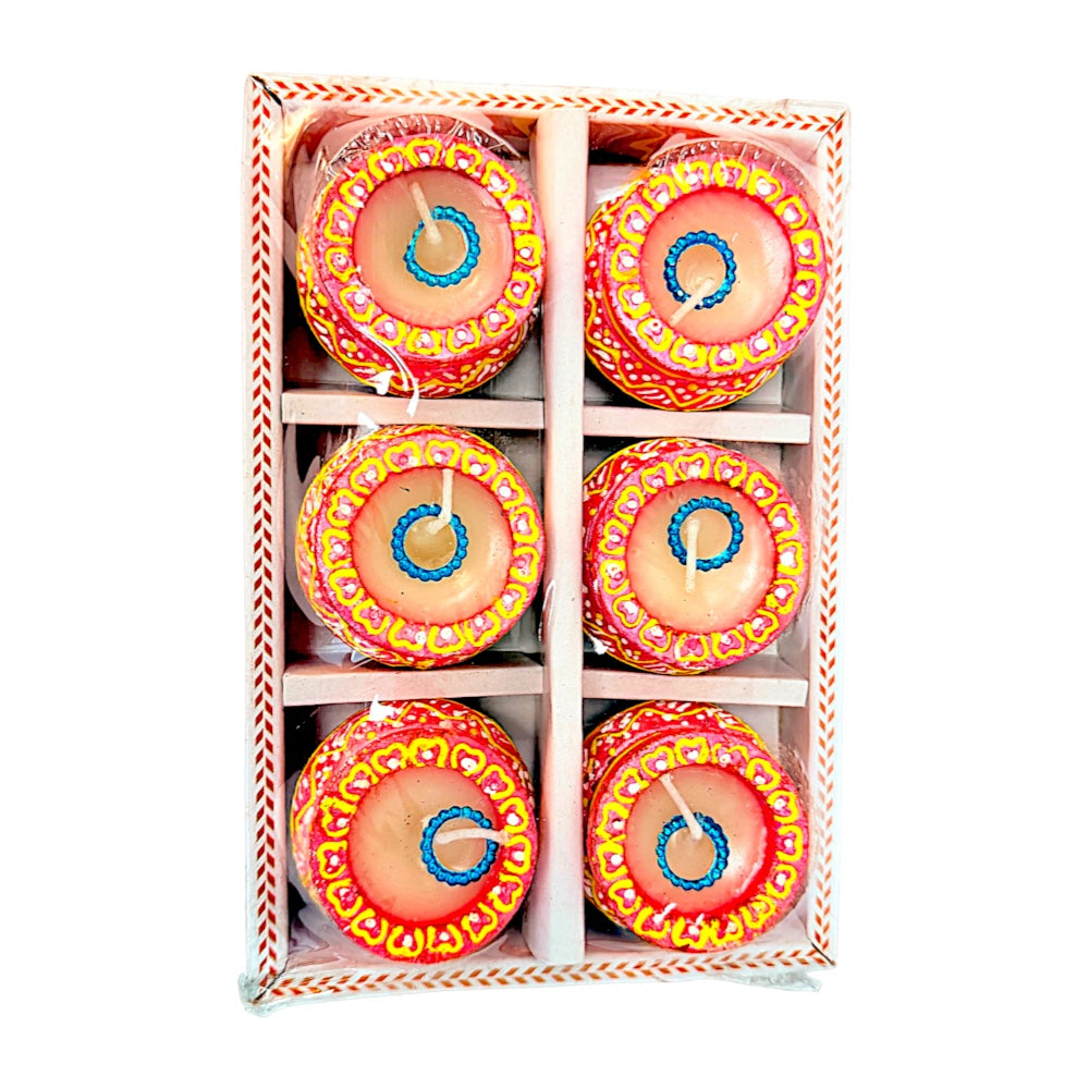 6 Medium hand painted Matki with wax diyas
