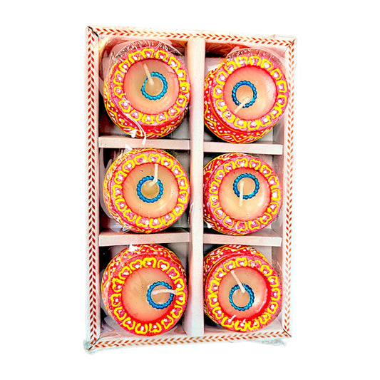 6 Medium hand painted Matki with wax diyas