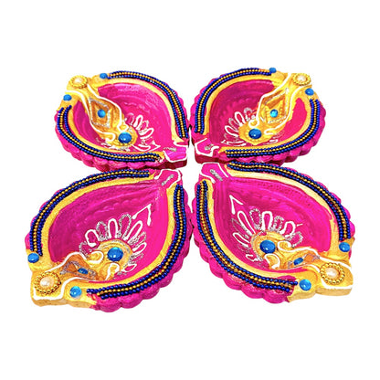 4 Pc Fancy colorful diya round (Shank)Turq, fuchia, red grn