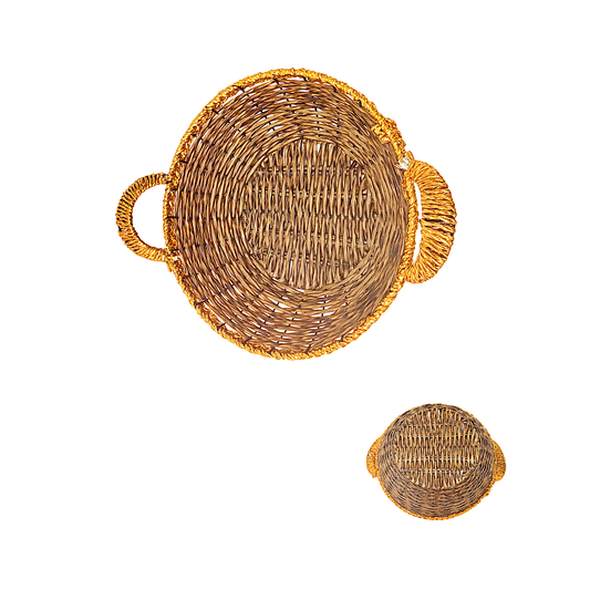 Mkaurs Round woven  brown with golden rim wicker basket with gold handles (MOQ=dz)