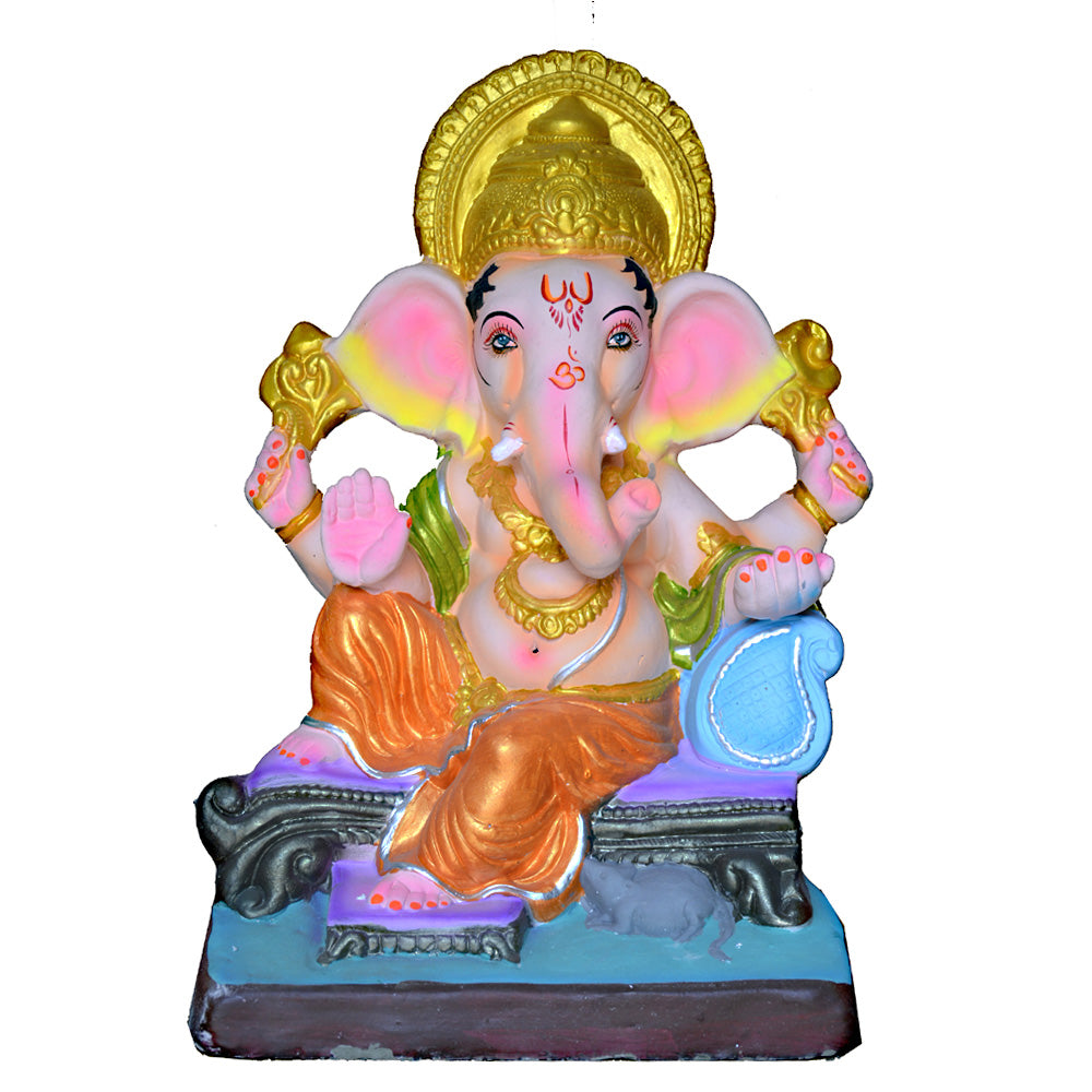 Eco-Friendly Clay Ganesha, color and gold on throne 18" (MOQ=2 pcs)