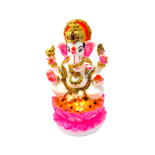 Lord Ganesha white and gold, colorful marble dust,  8 inches (MOQ=ea)