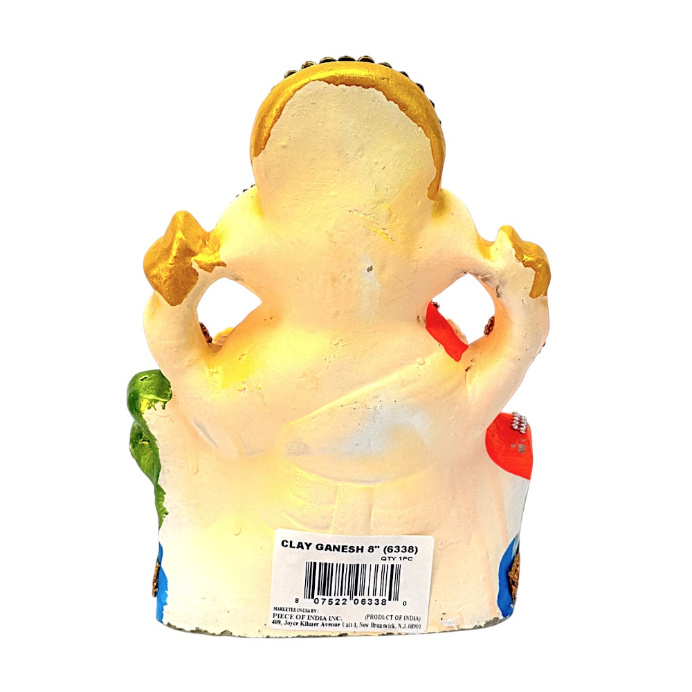 Eco-Friendly Clay Ganesha, color and gold on throne 8" (MOQ=8 pcs)
