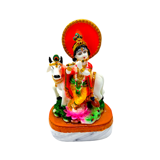 Lord Krishna with flute and cow , colorful marble dust,  7 inches (MOQ=ea)