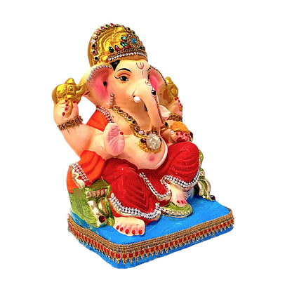 Eco-Friendly Clay Ganesha, color and gold on throne 8" (MOQ=8 pcs)