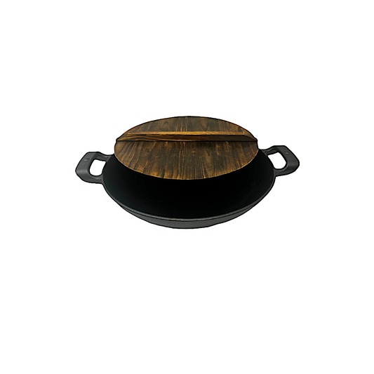 Cast Iron wok with wooden lid 9.5" across (MOQ=ea)