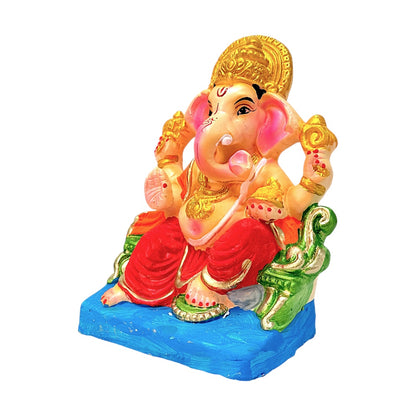 Eco-Friendly Clay Ganesha, color and gold on throne 8" (MOQ=8 pcs)