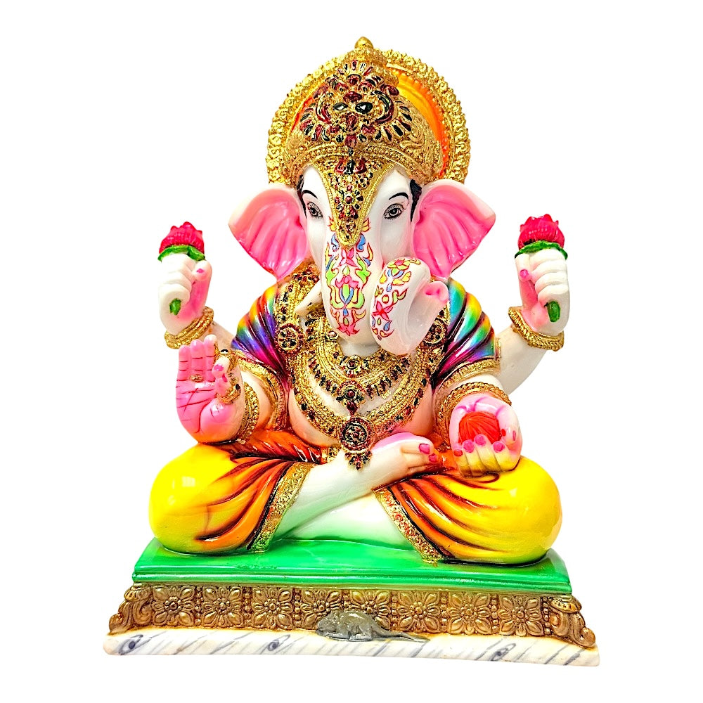 Lord Ganesha, colored and gold, marble dust 12" (MOQ=ea)