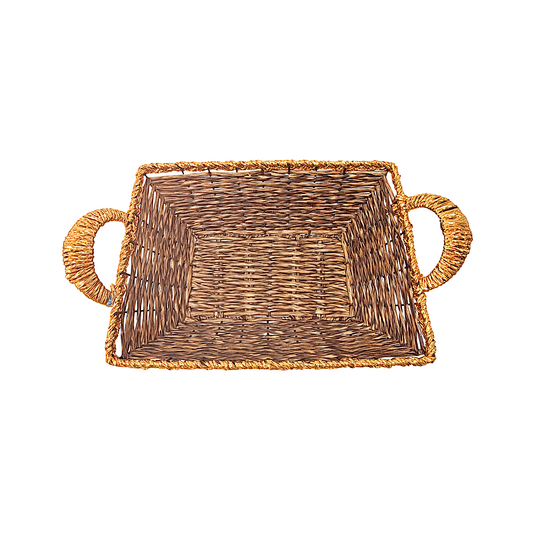 Mkaurs rectangle woven  brown with golden rim wicker basket with gold handles (MOQ=dz)