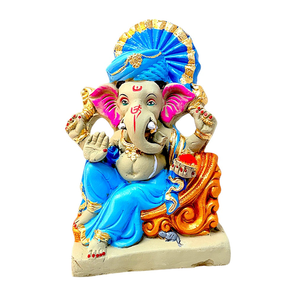 Eco-Friendly Clay Ganesha, Clay, color and gold on throne 12" (MOQ=4 pcs)