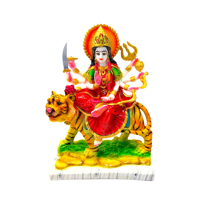 Goddess Durga statue, colorful marble dust, on Tiger 12 inches (MOQ=ea)