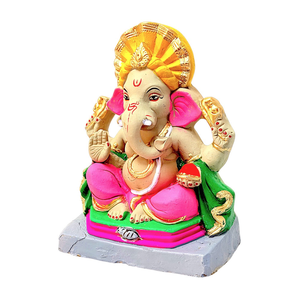 Eco-Friendly Clay Ganesha, clay, color and gold on throne 10" (MOQ=6 pcs)