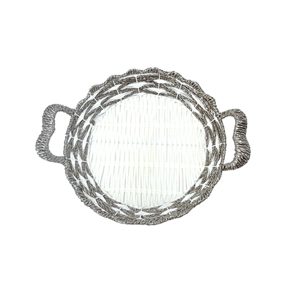 Mkaurs Round woven white and metallic silver wicker basket with handles (MOQ=dz)