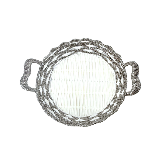 Mkaurs Round woven white and metallic silver wicker basket with handles (MOQ=dz)