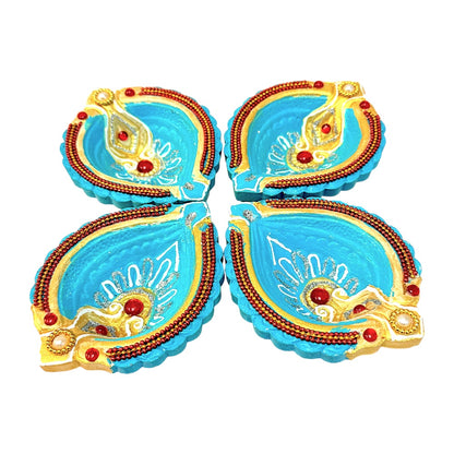 4 Pc Fancy colorful diya round (Shank)Turq, fuchia, red grn