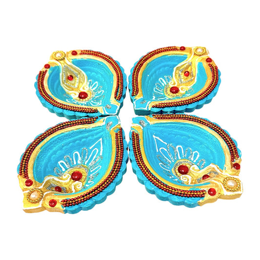 4 Pc Fancy colorful diya round (Shank)Turq, fuchia, red grn