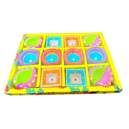 12 pc Deco Diya Box (Paan+HK+EkVat), colorful diyas (MOQ=2dz)