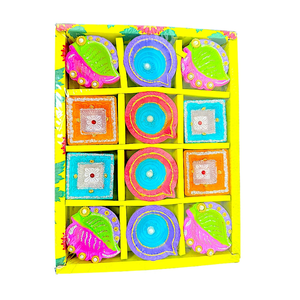 12 pc Deco Diya Box (Paan+HK+EkVat), colorful diyas (MOQ=2dz)