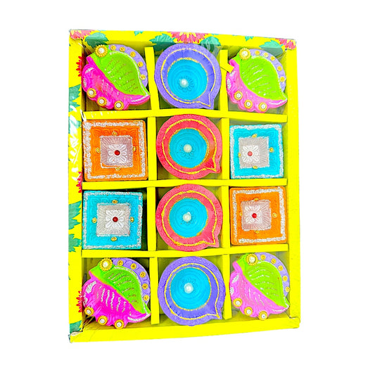 12 pc Deco Diya Box (Paan+HK+EkVat), colorful diyas (MOQ=2dz)