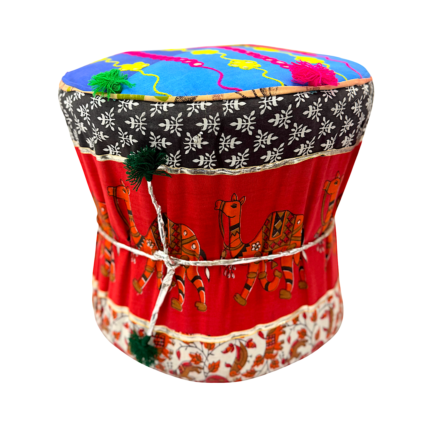 Handicraft Moodha/Poughy #1/Stool Rajasthani assorted  design 14" high and 16" seat width (MOQ=ea)