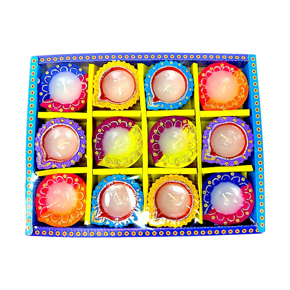 12 pc SD Diya Box with wax, colorful diyas (TPK+Morpich) (MOQ=2dz)