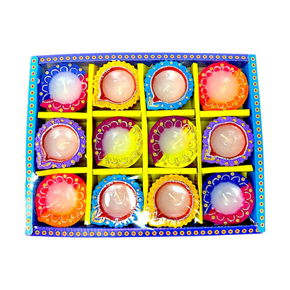 12 pc SD Diya Box with wax, colorful diyas (TPK+Morpich) (MOQ=2dz)