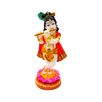 Lord Krishna with flute white and gold, colorful marble dust,  8 inches (MOQ=ea)