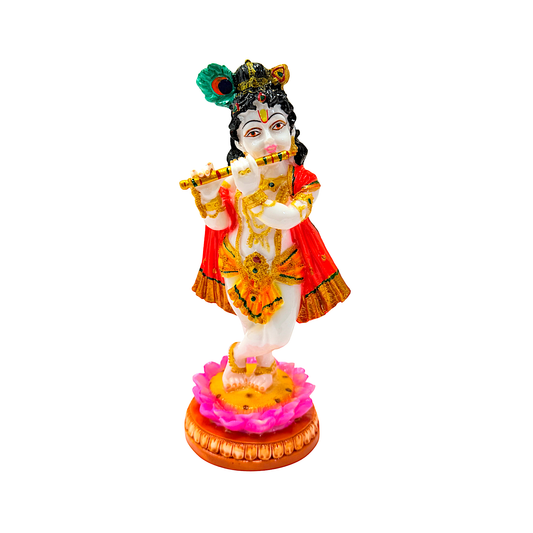 Lord Krishna with flute white and gold, colorful marble dust,  8 inches (MOQ=ea)