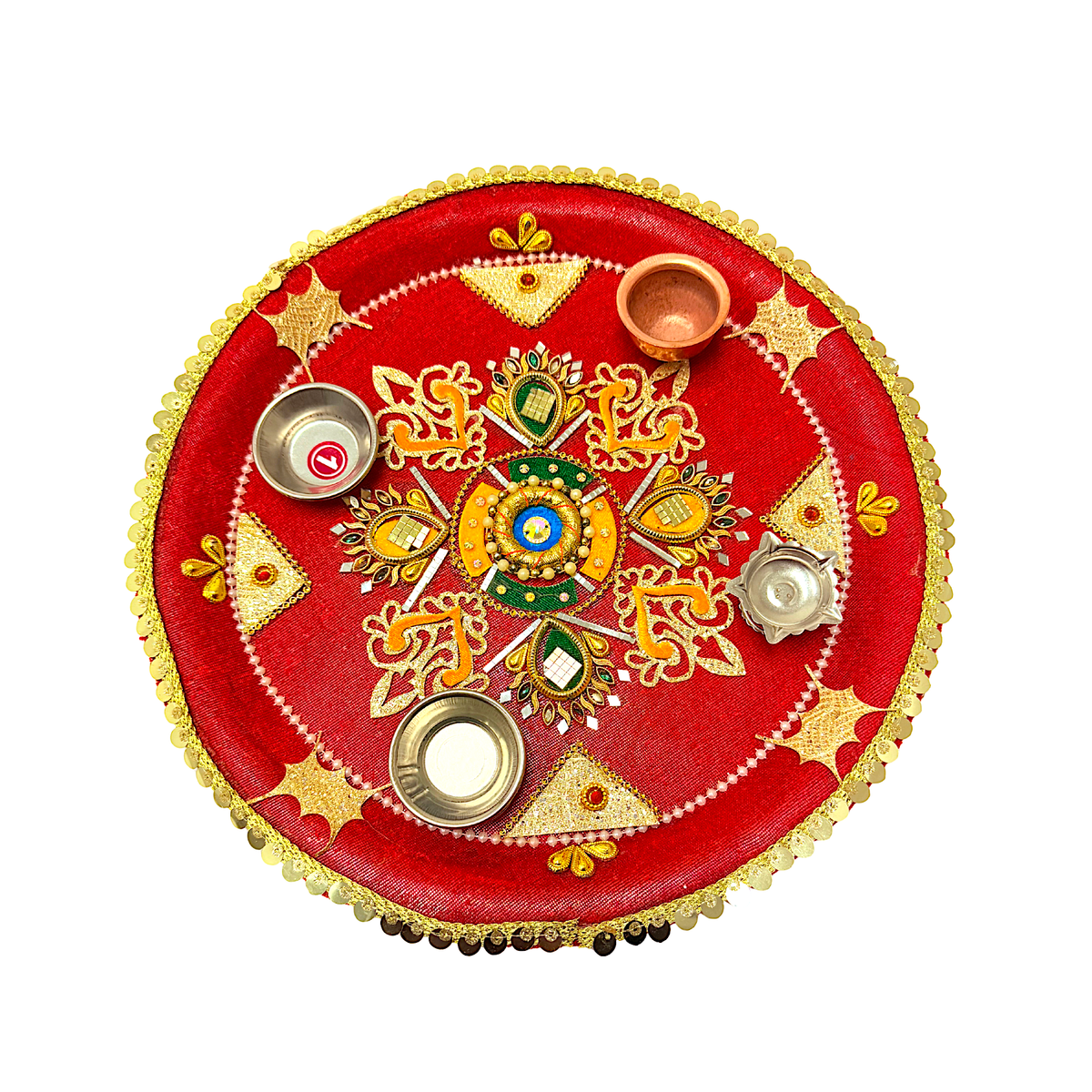 Puja Thali (tray) with diya copper lota and 2 diyas 12.5" Assorted Designs(MOQ=ea)
