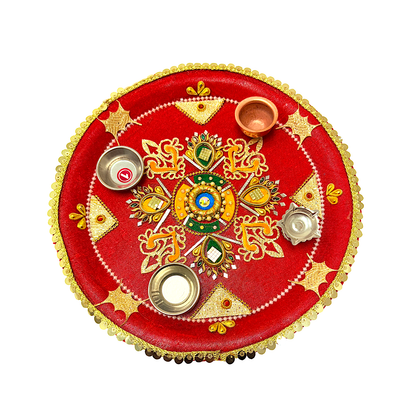 Puja Thali (tray) with diya copper lota and 2 diyas 12.5" Assorted Designs(MOQ=ea)