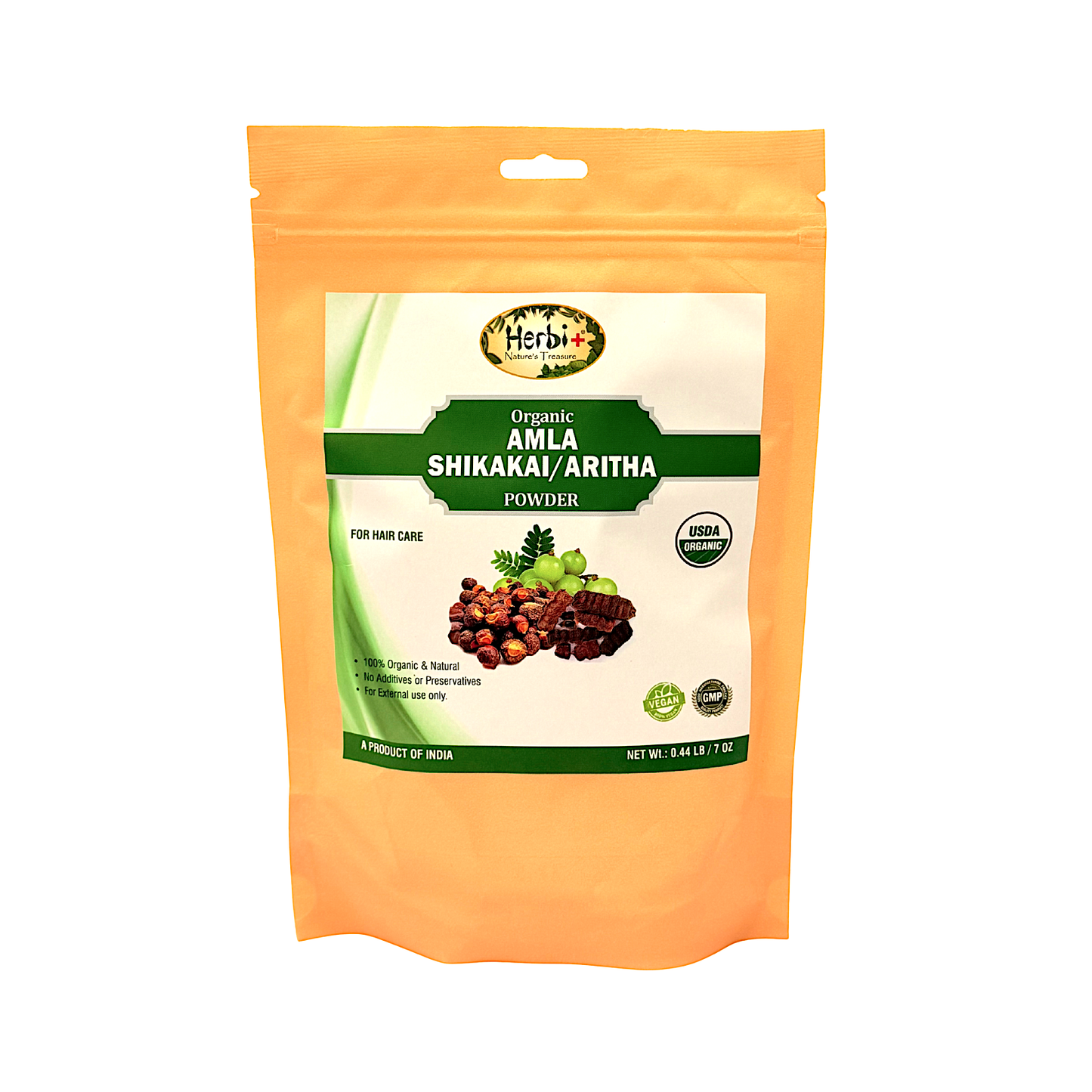 Organic Herbi Plus Amla Shikakai Aritha Powder for Hair 200g 7oz (MOQ=dz)