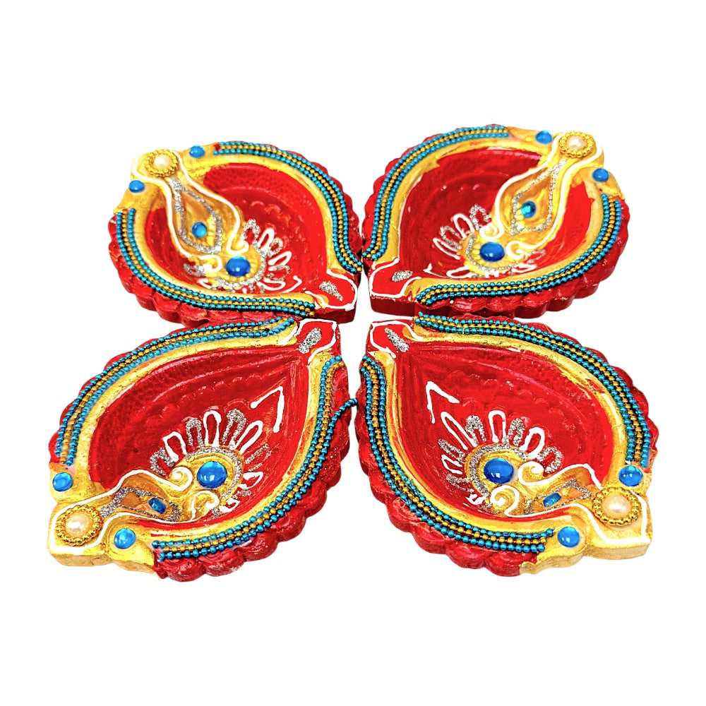 4 Pc Fancy colorful diya round (Shank)Turq, fuchia, red grn