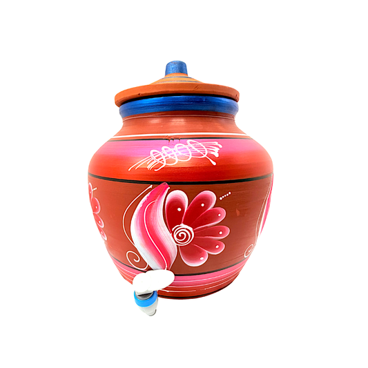 Clay Matka (water tank) with lid, hand  painted with tap, 10L (Color and Design may vary) (MOQ=ea)