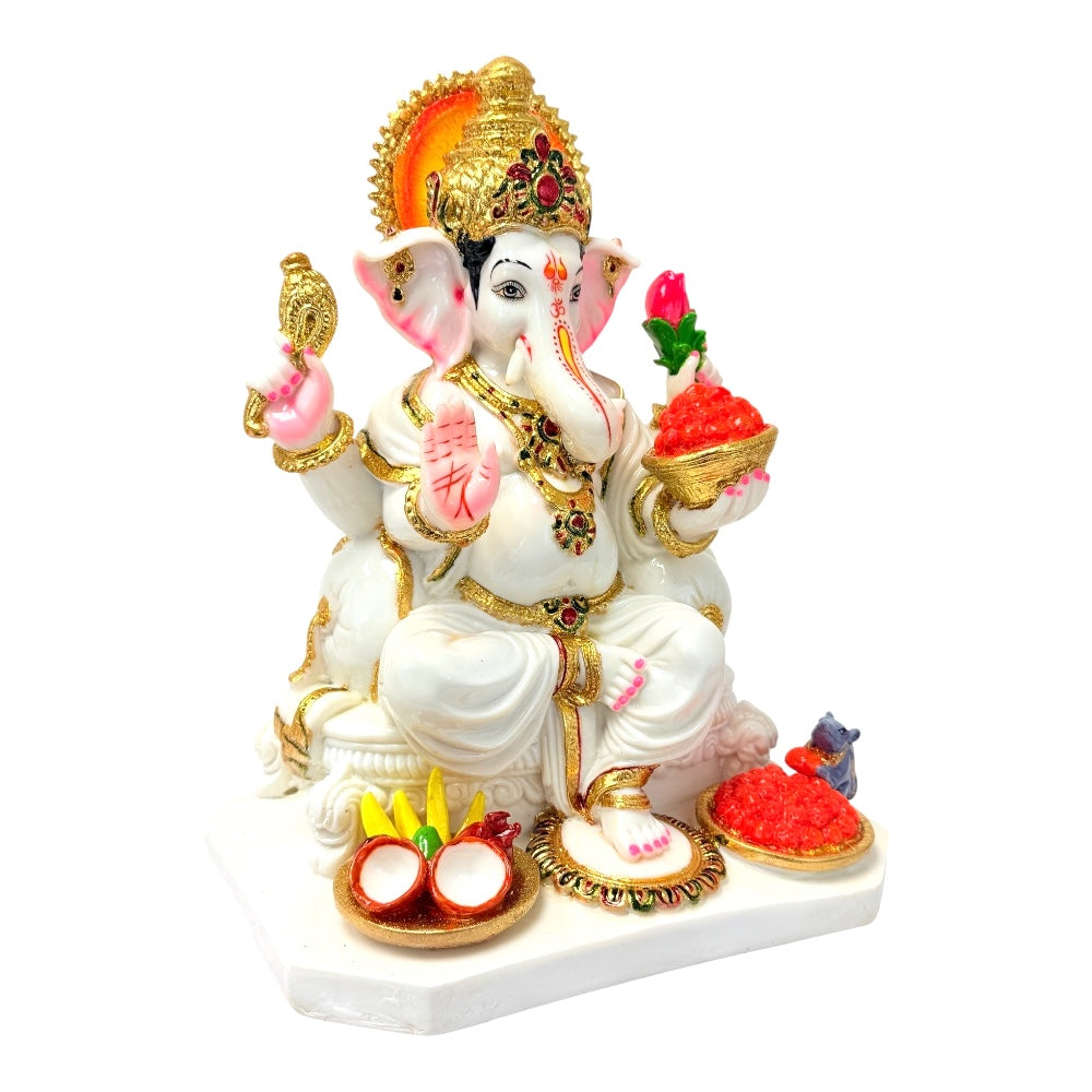 Lord Ganesha with offerings, white and gold, marble dust 12" (MOQ=ea)